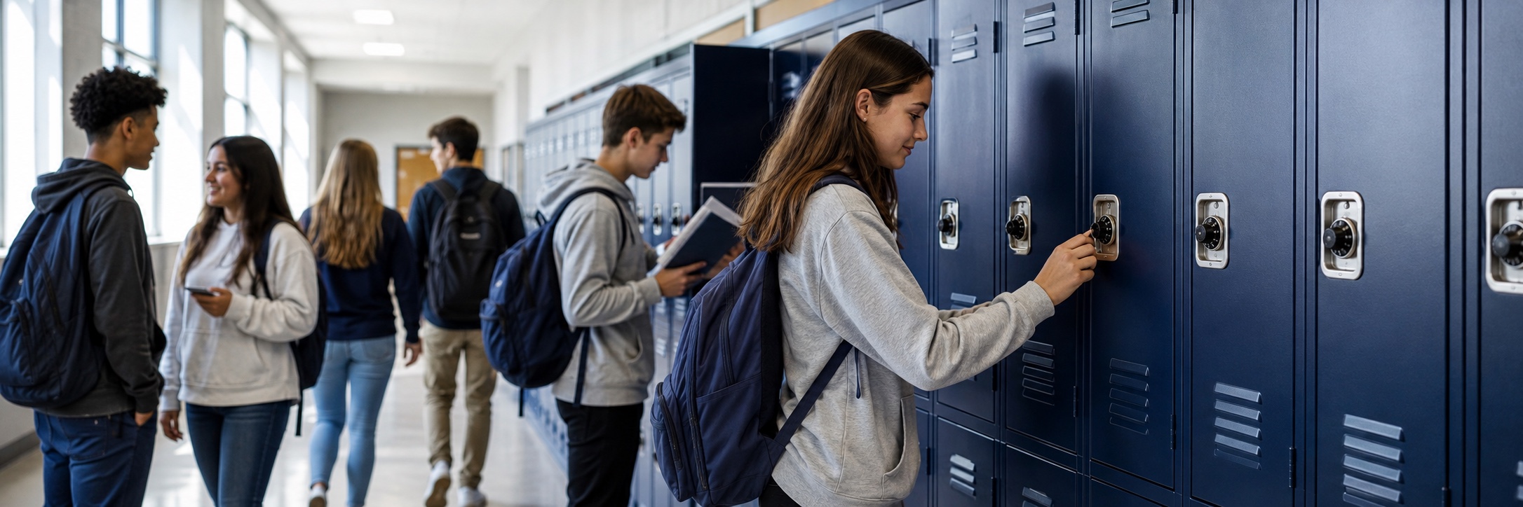 High school students using combination locks on blue school lockers