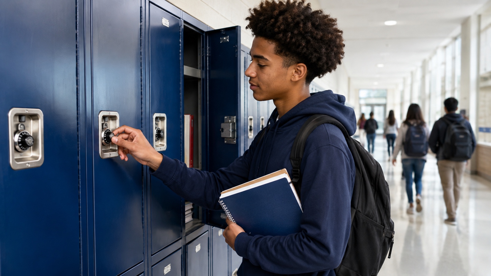 High school student opening a blue school hallway locker with a built-in combination lock
