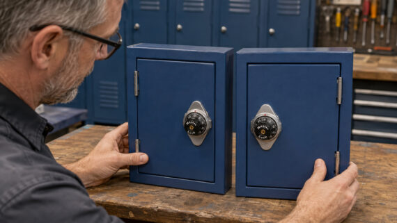 Right-hinged and left-hinged box lockers compared for Master Lock 1654 and 1655 selection