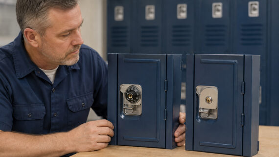 Combination-dial and keyed built-in lock configurations on school lockers