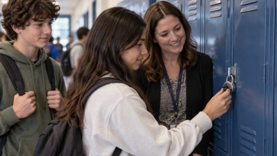 A teacher helping a student practice using a combination padlock on a school locker.
