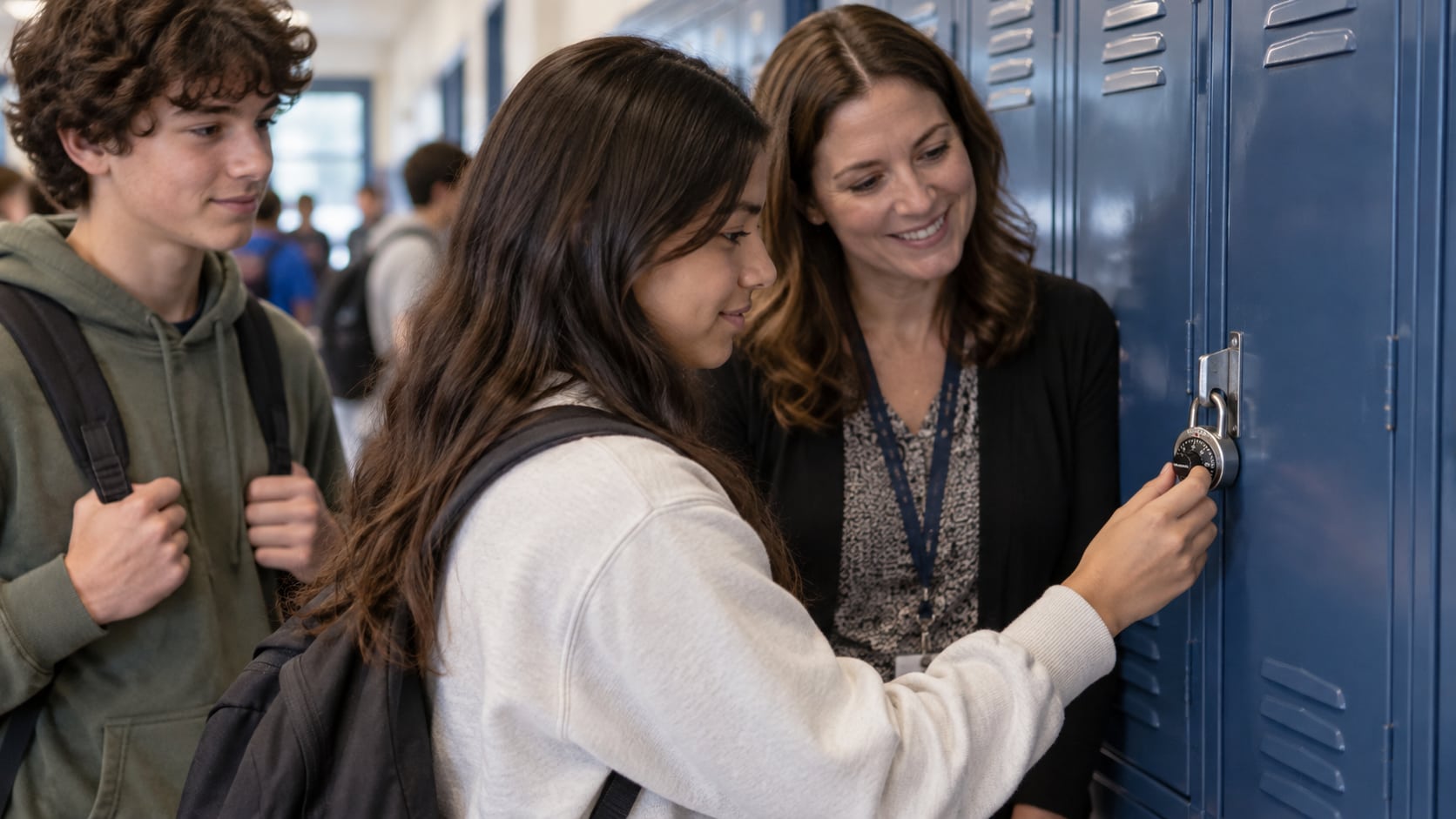 A teacher helping a student practice using a combination padlock on a school locker.